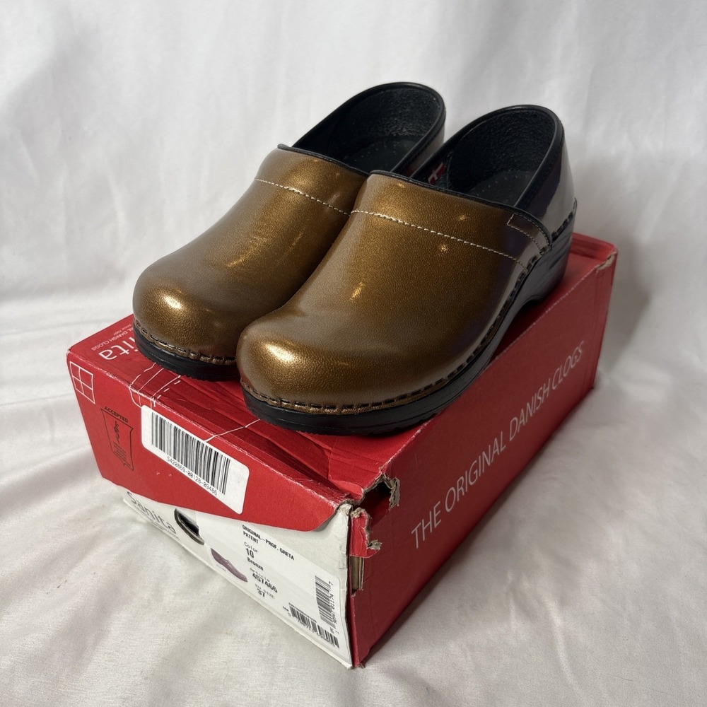 Sanita Professional‎ Greta Bronze Patent Leather Clog Mules Shoes Sz 6 / 37 Boho